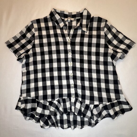 Madewell Women's Size Large Buffalo Check Black White Plaid Short Sleeve Blouse - Picture 2 of 5
